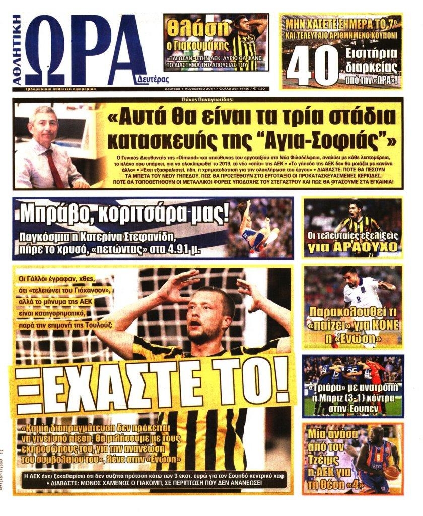 Πρωτοσέλιδο εφημερίδας Η ώρα των Σπορ