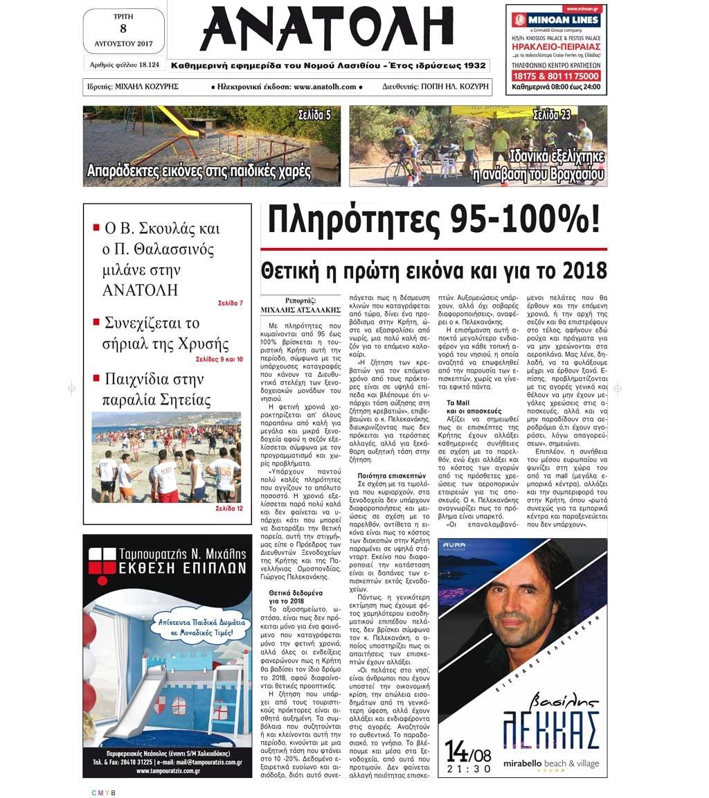 Πρωτοσέλιδο εφημερίδας Ανατολή