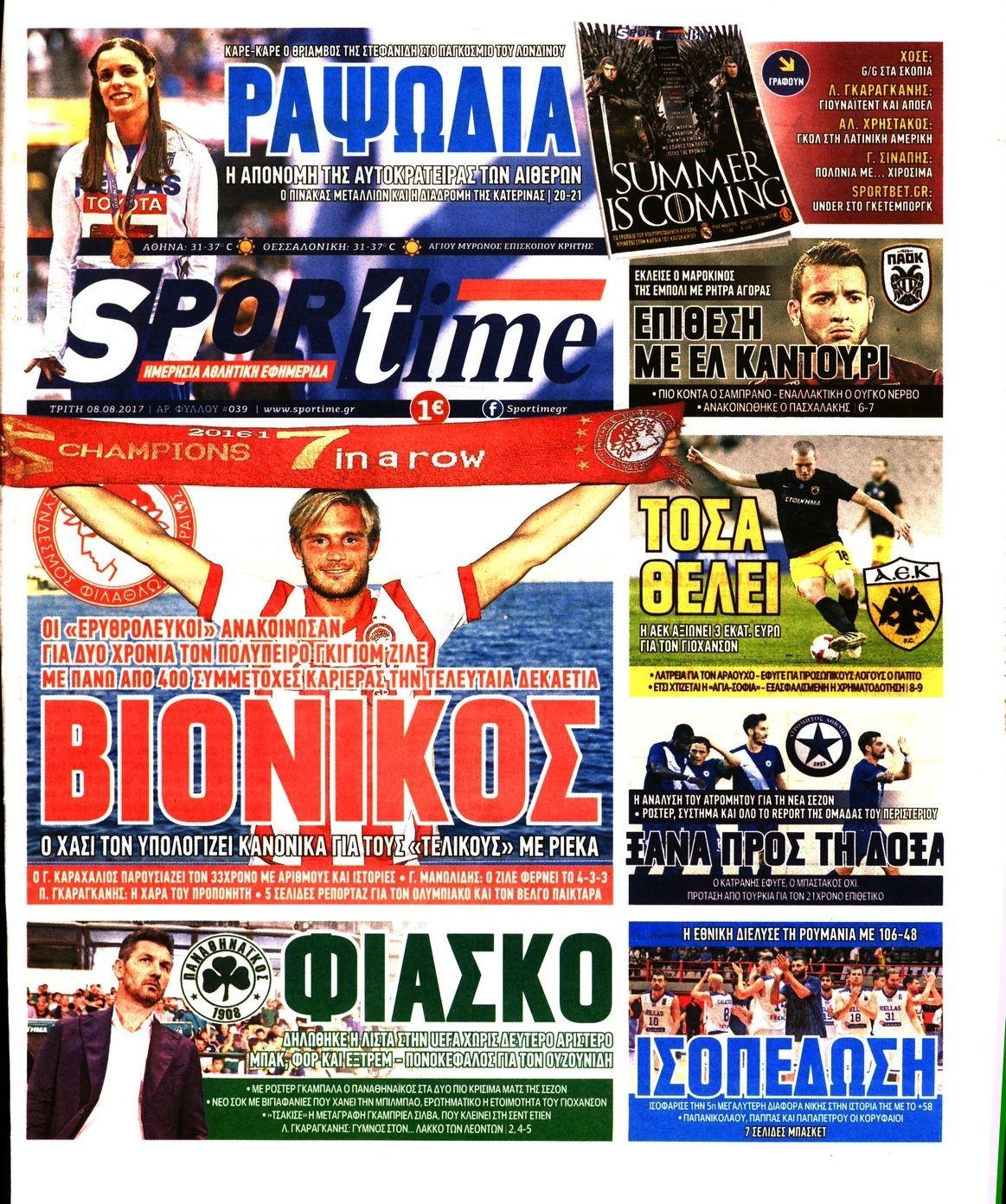 Πρωτοσέλιδο εφημερίδας Sportime