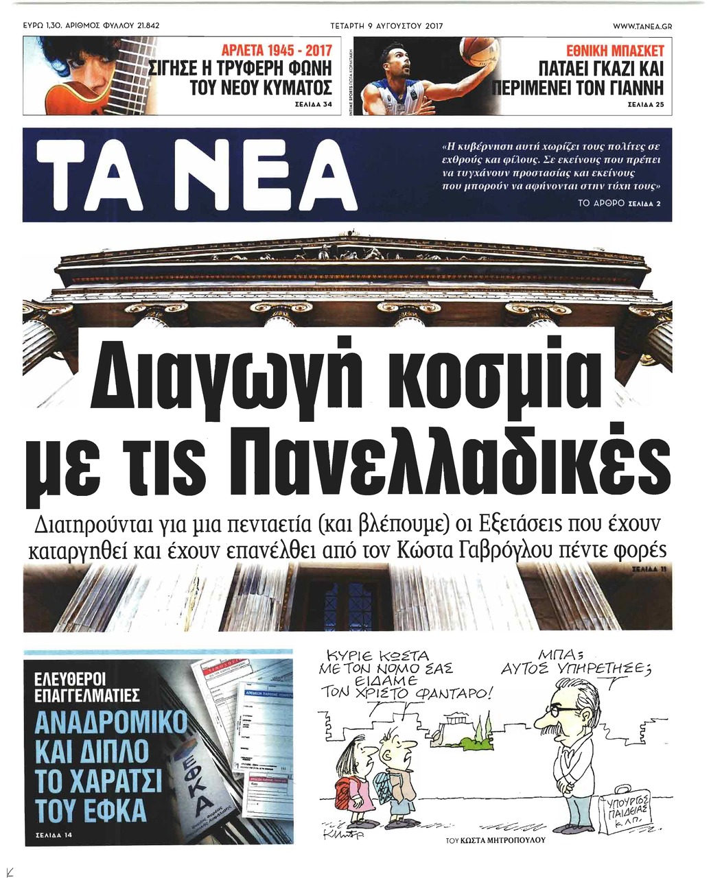 Πρωτοσέλιδο εφημερίδας Τα Νέα