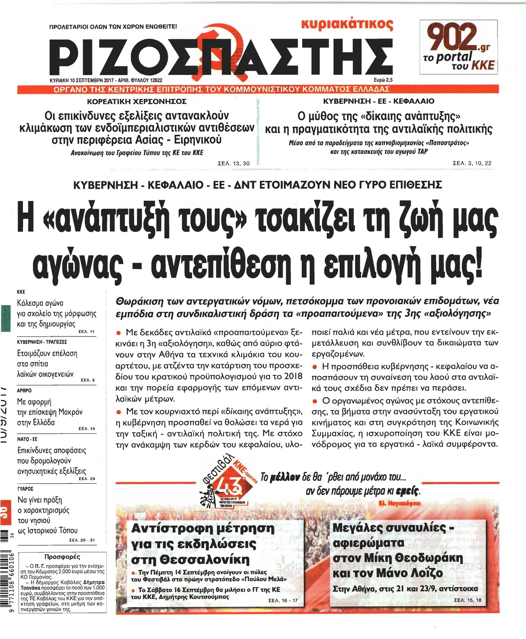 Πρωτοσέλιδο εφημερίδας Ριζοσπάστης