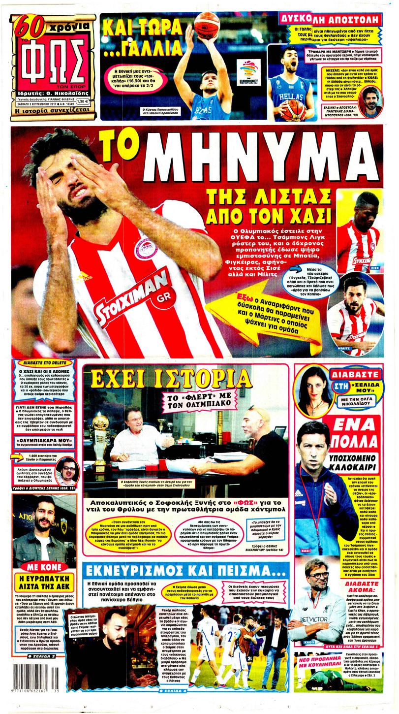 Πρωτοσέλιδο εφημερίδας Φως των σπορ