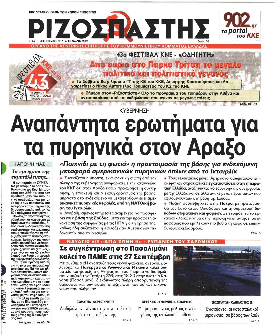 Πρωτοσέλιδο εφημερίδας Ριζοσπάστης