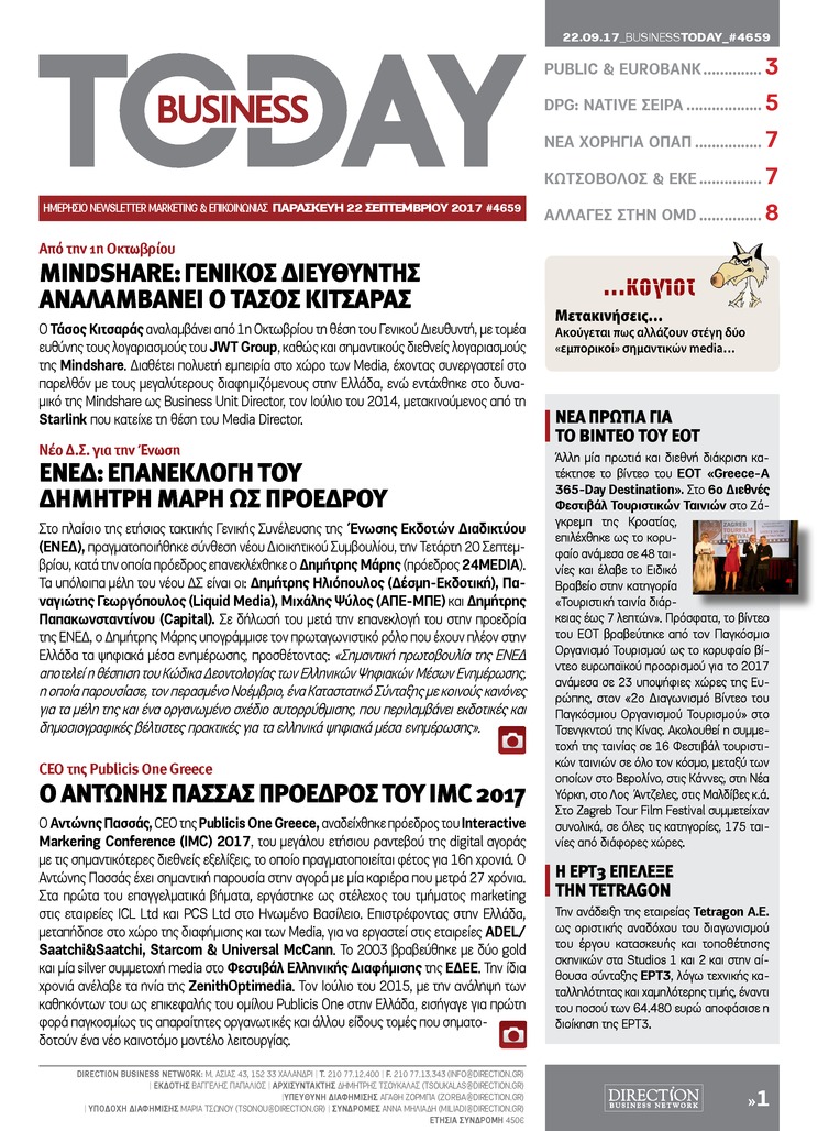 Πρωτοσέλιδο εφημερίδας Business Today