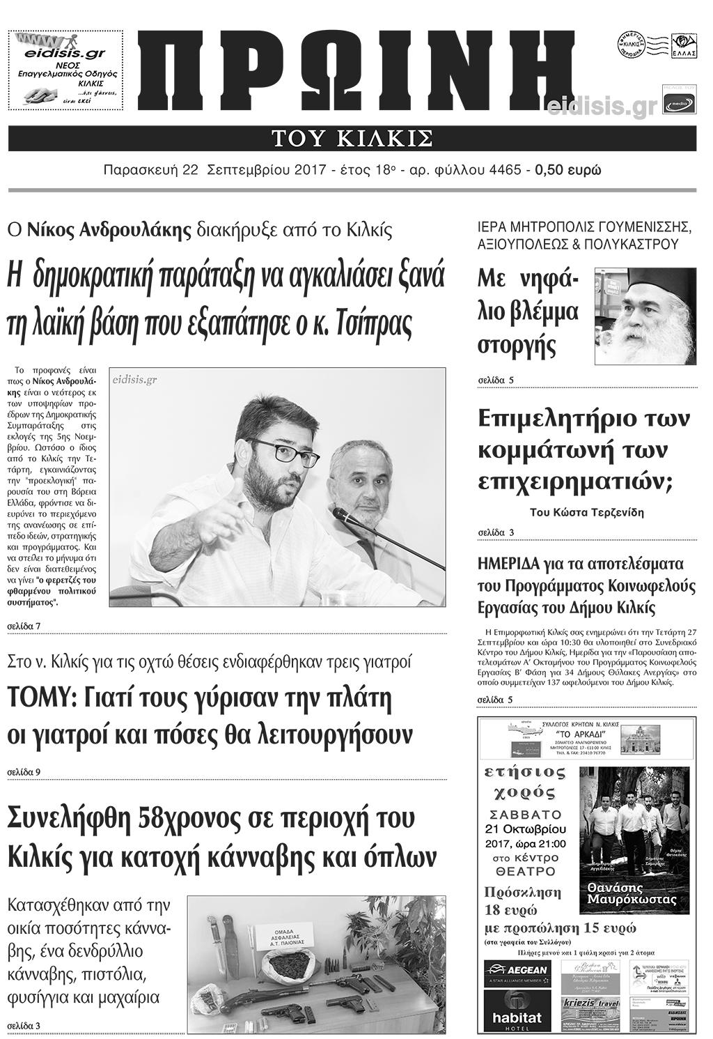 Πρωτοσέλιδο εφημερίδας Πρωινή Κιλκίς