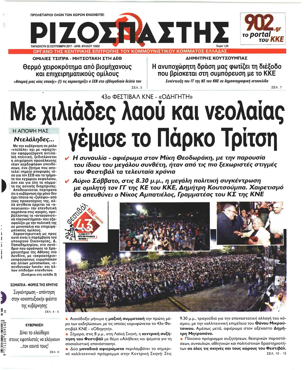 Πρωτοσέλιδο εφημερίδας Ριζοσπάστης