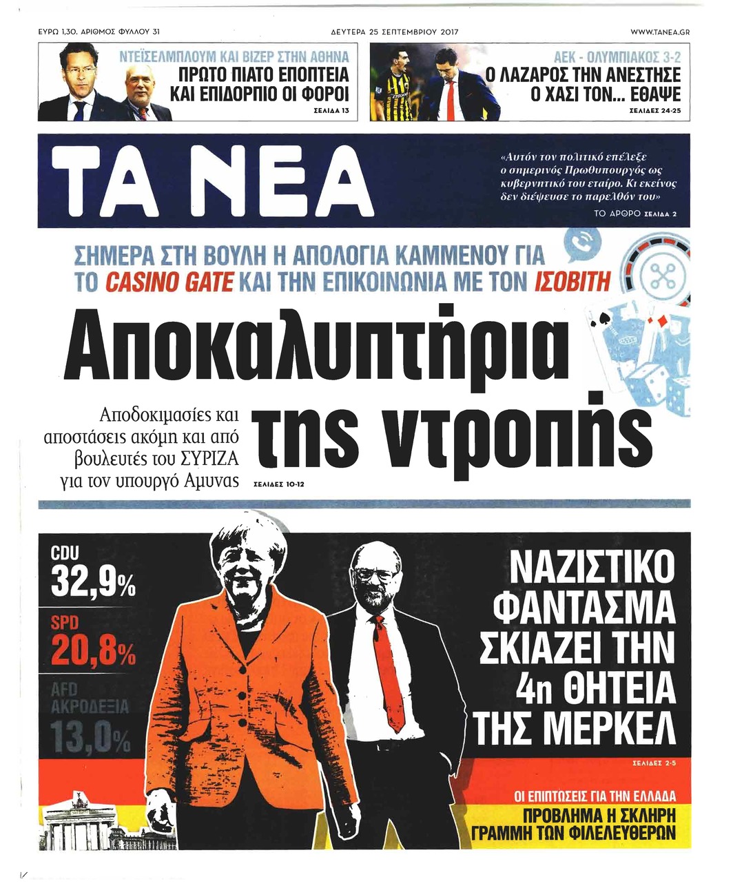 Πρωτοσέλιδο εφημερίδας Τα Νέα