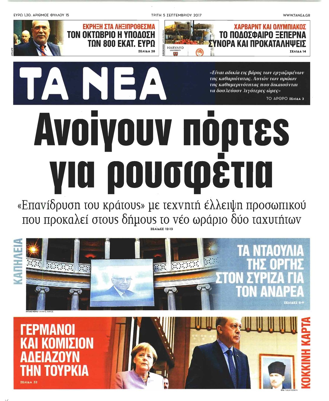 Πρωτοσέλιδο εφημερίδας Τα Νέα
