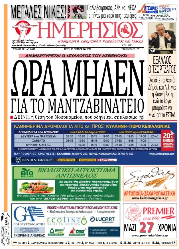 Πρωτοσέλιδο εφημερίδας Ημερήσιος