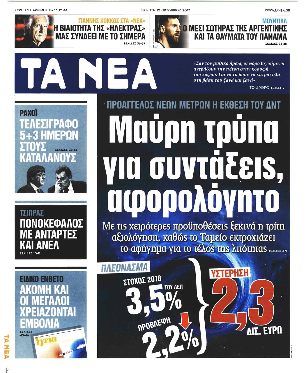 Πρωτοσέλιδο εφημερίδας Τα Νέα