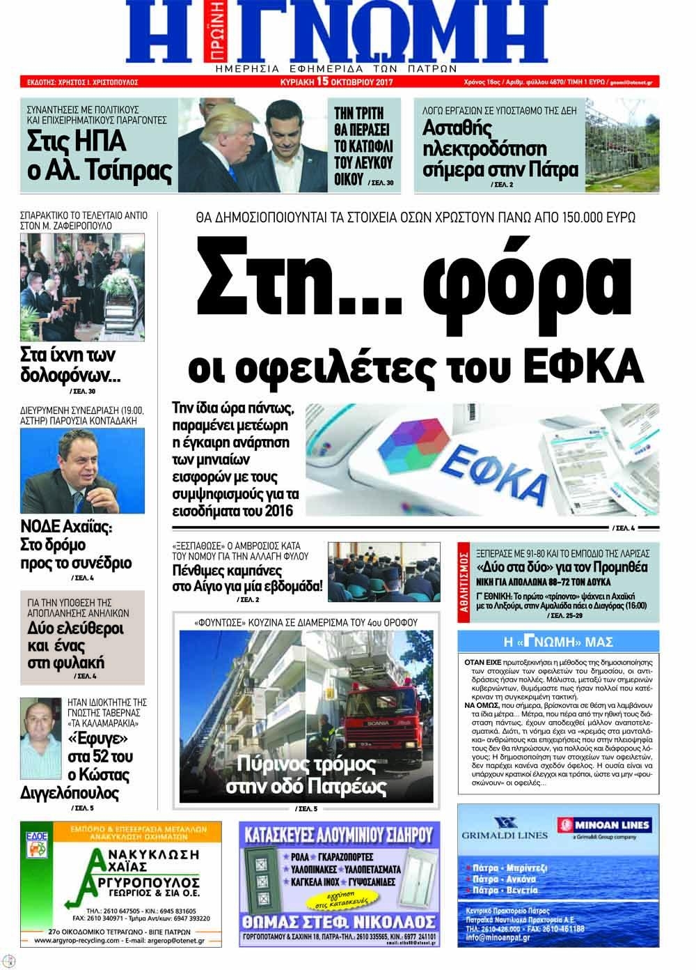 Πρωτοσέλιδο εφημερίδας Γνώμη της Πάτρας
