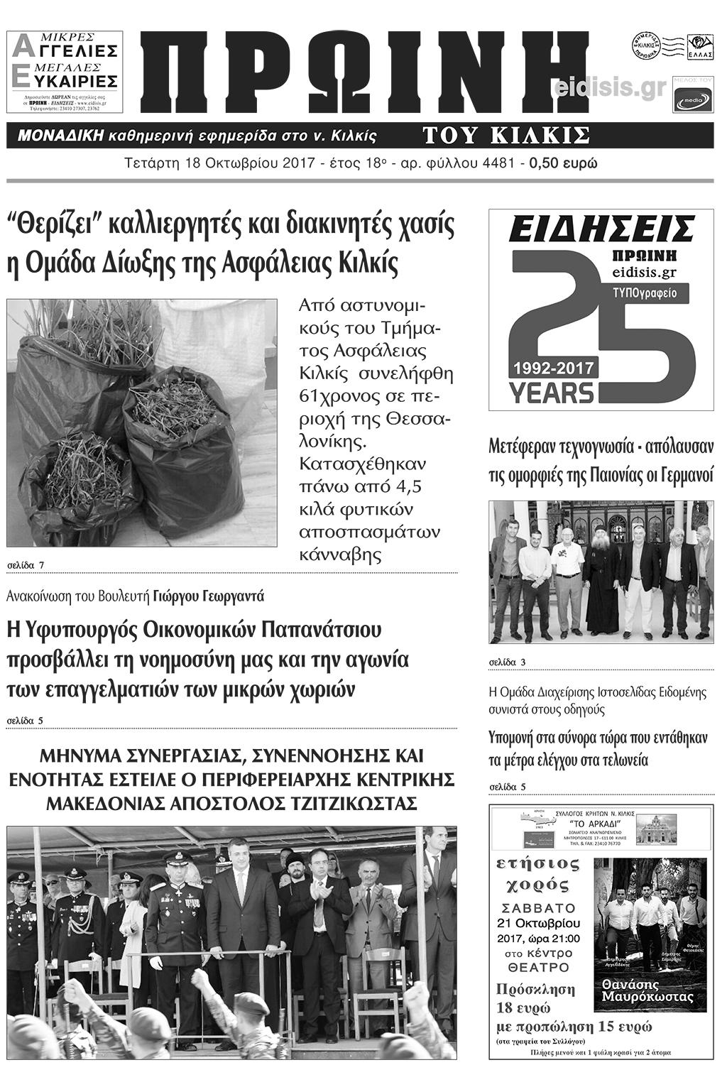 Πρωτοσέλιδο εφημερίδας Πρωινή Κιλκίς