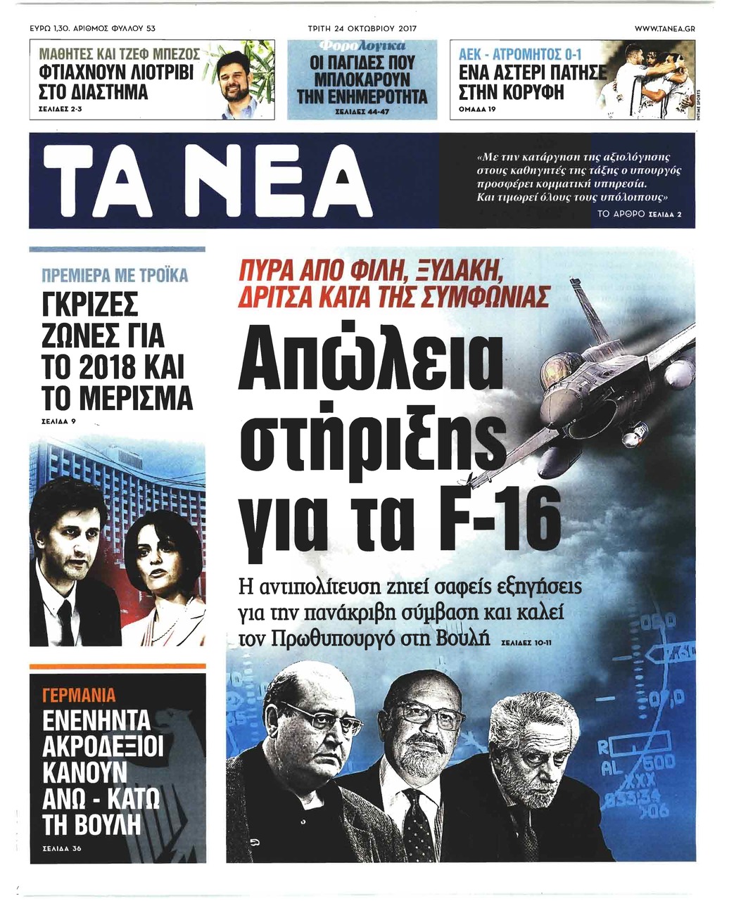 Πρωτοσέλιδο εφημερίδας Τα Νέα