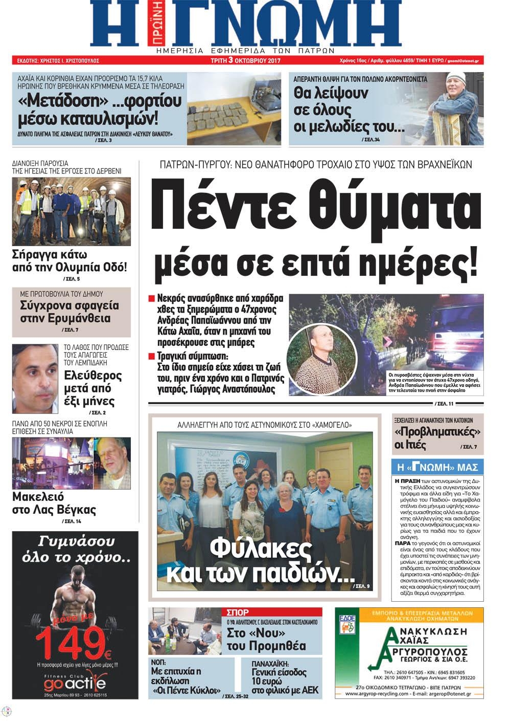 Πρωτοσέλιδο εφημερίδας Γνώμη της Πάτρας