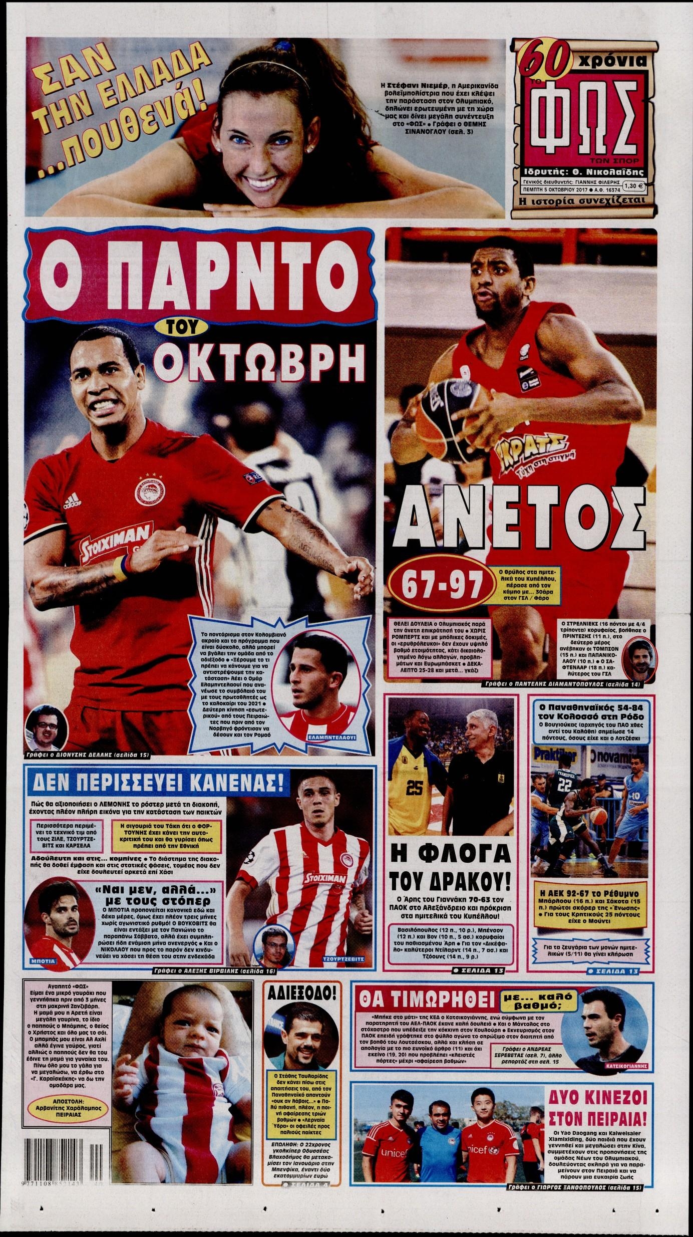 Πρωτοσέλιδο εφημερίδας Φως των σπορ