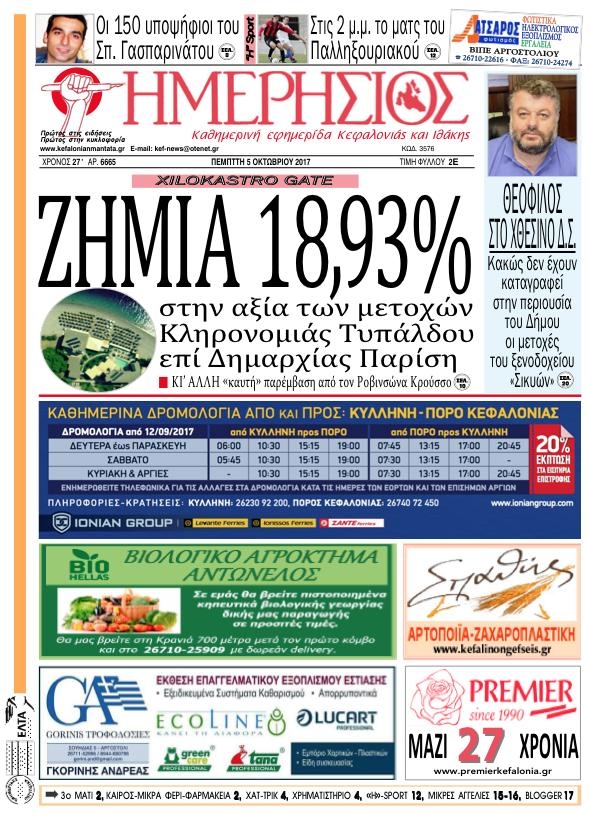 Πρωτοσέλιδο εφημερίδας Ημερήσιος