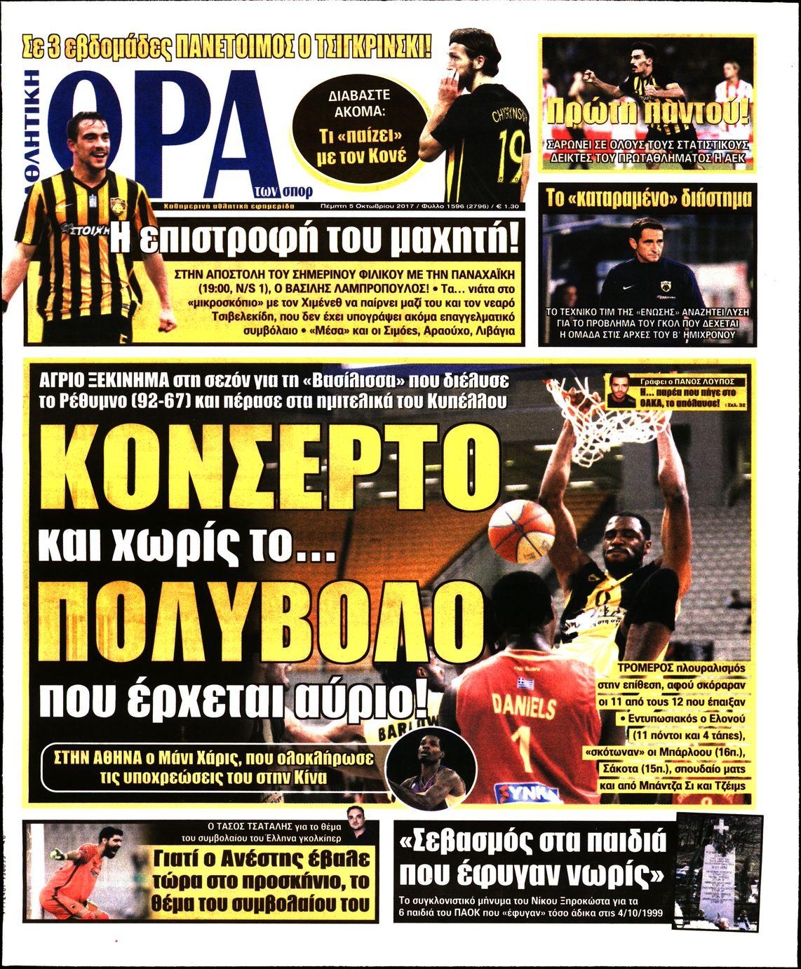 Πρωτοσέλιδο εφημερίδας Η ώρα των Σπορ