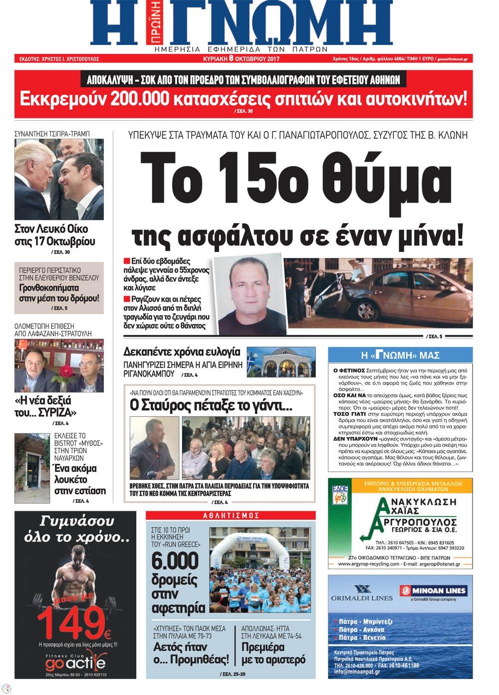 Πρωτοσέλιδο εφημερίδας Γνώμη της Πάτρας