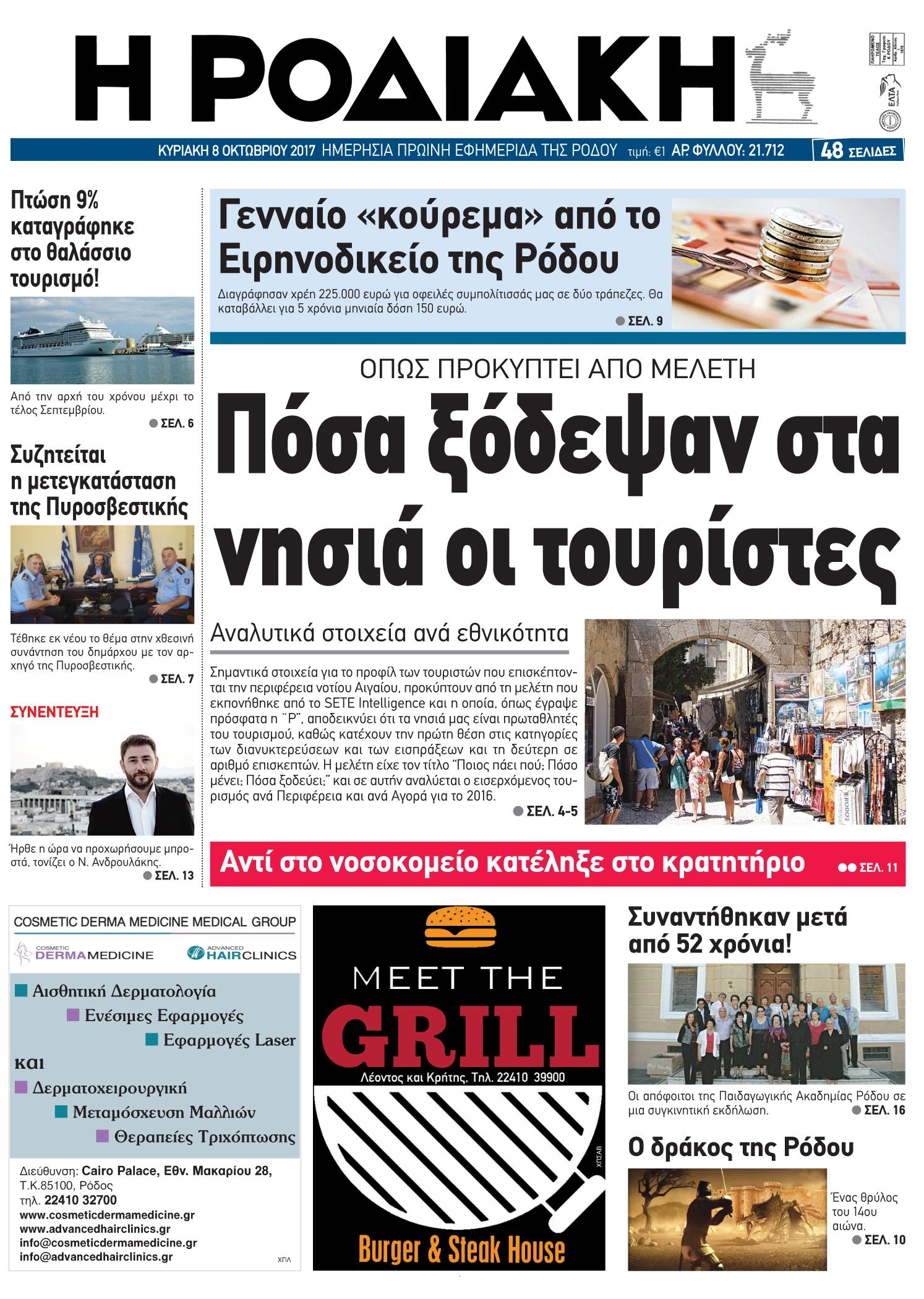 Πρωτοσέλιδο εφημερίδας Ροδιακή