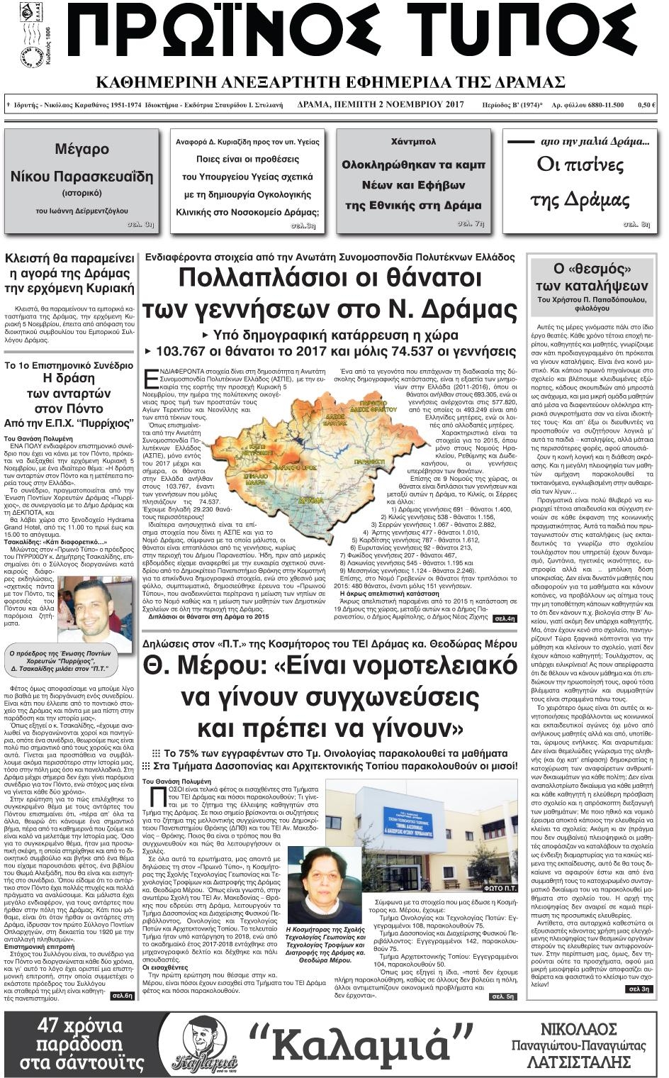 Πρωτοσέλιδο εφημερίδας Πρωινός Τύπος Δρ.