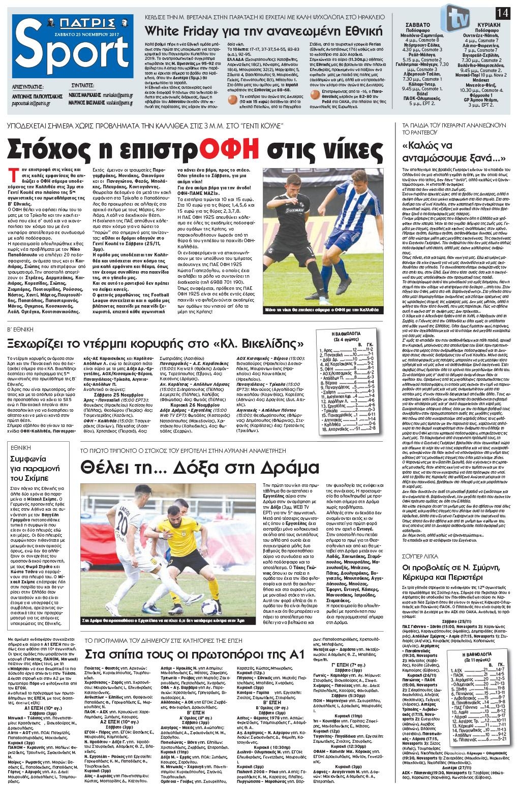 Πρωτοσέλιδο εφημερίδας Πατρίς Σπορ