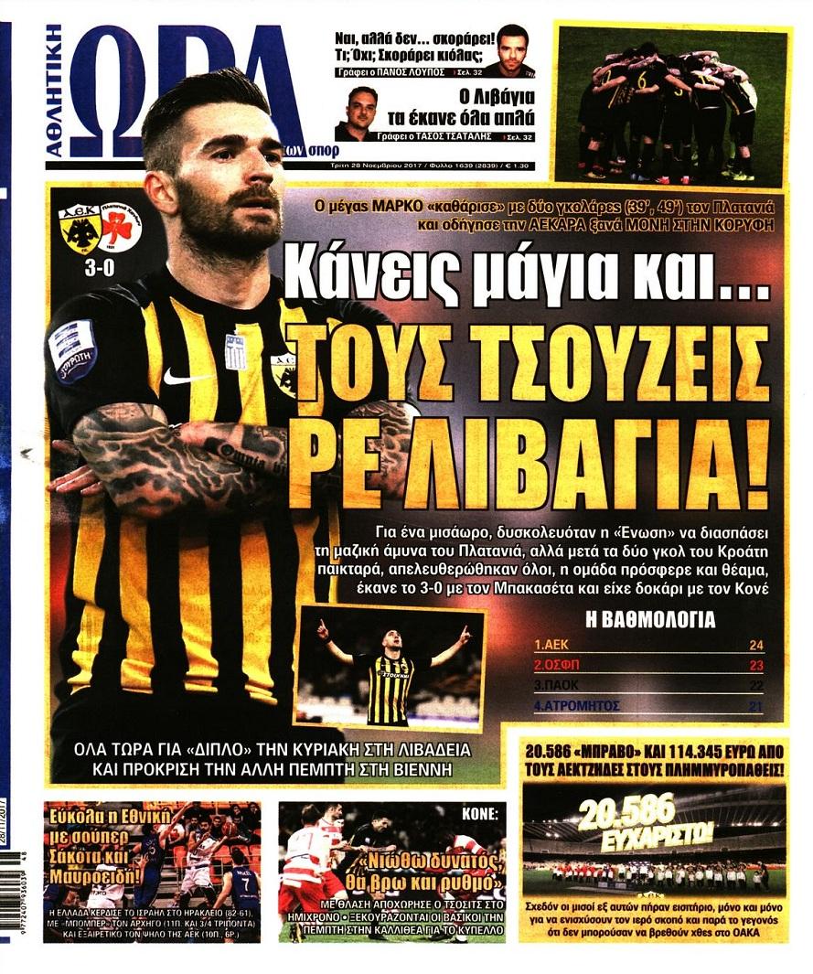 Πρωτοσέλιδο εφημερίδας Η ώρα των Σπορ