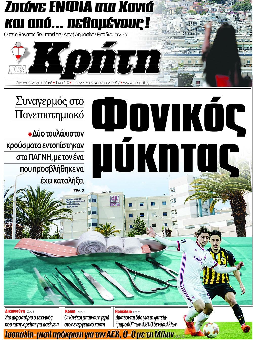 Πρωτοσέλιδο εφημερίδας Νέα Κρήτη