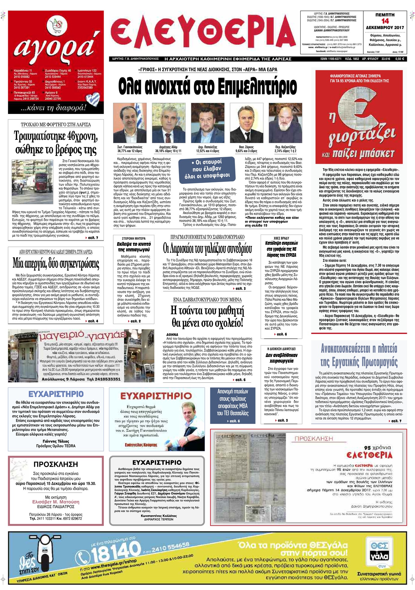 Πρωτοσέλιδο εφημερίδας Ελευθερία Λάρισσας