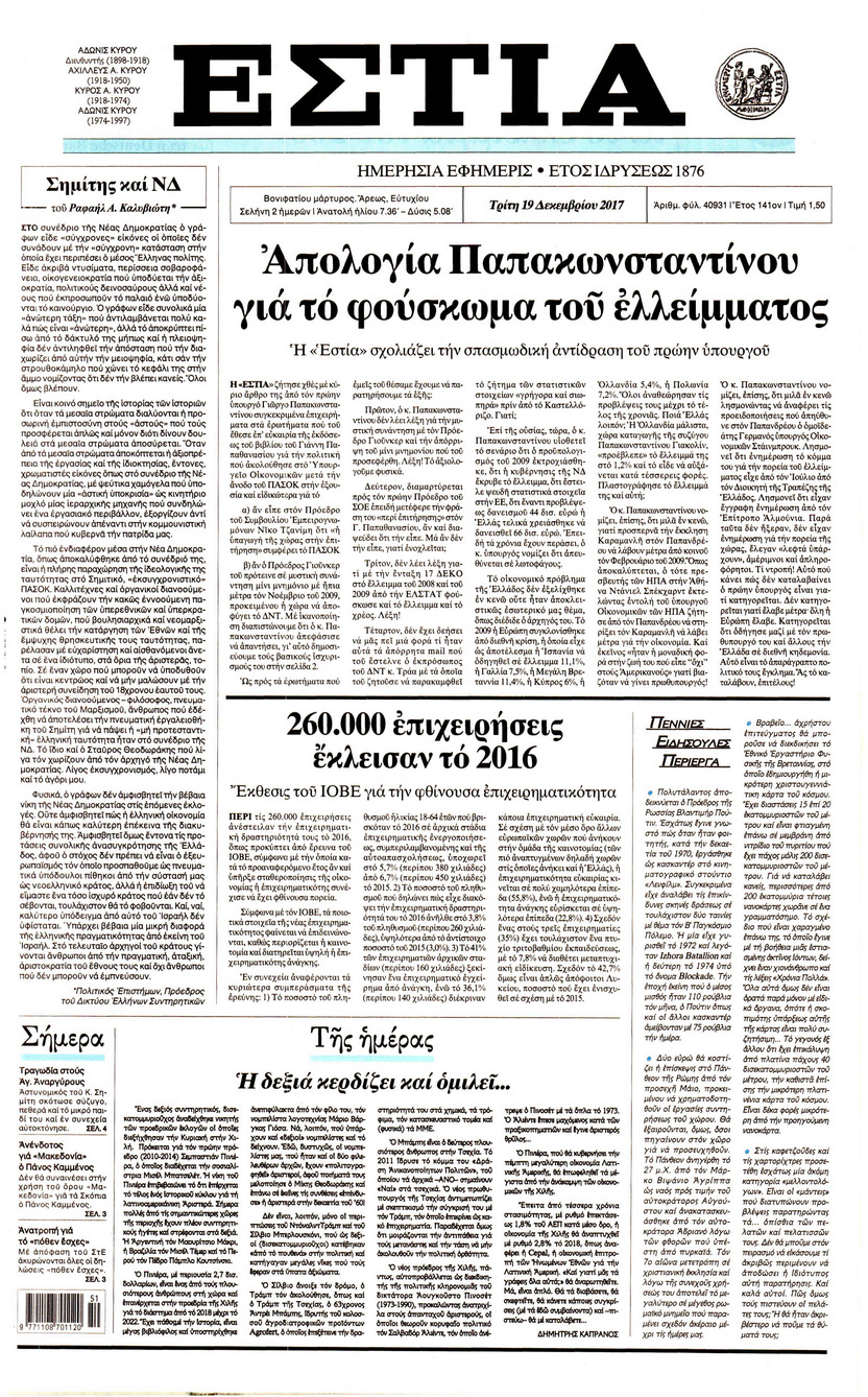 Πρωτοσέλιδο εφημερίδας Εστία