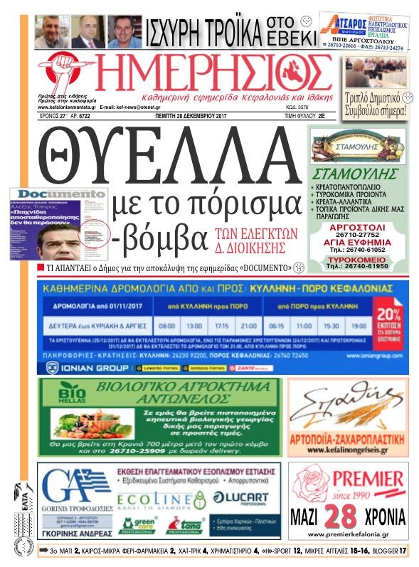 Πρωτοσέλιδο εφημερίδας Ημερήσιος