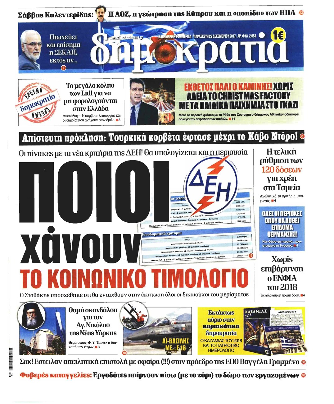 Πρωτοσέλιδο εφημερίδας Δημοκρατία