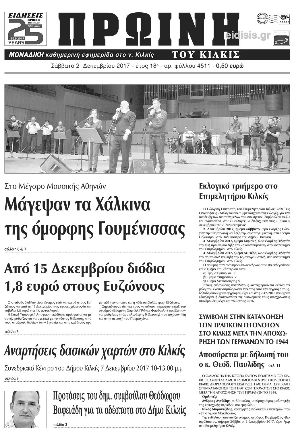 Πρωτοσέλιδο εφημερίδας Πρωινή Κιλκίς