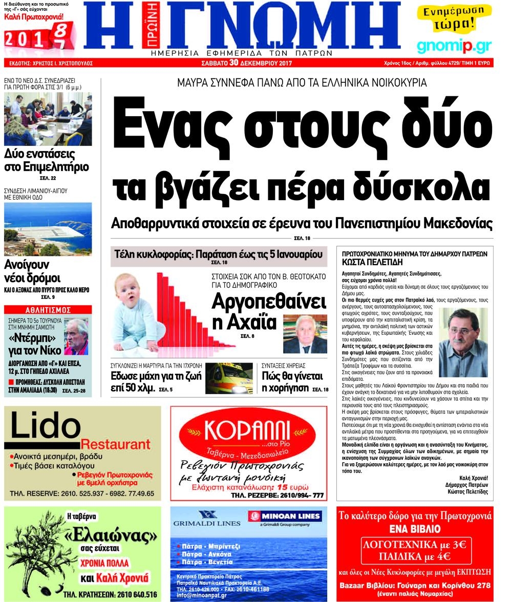 Πρωτοσέλιδο εφημερίδας Γνώμη της Πάτρας