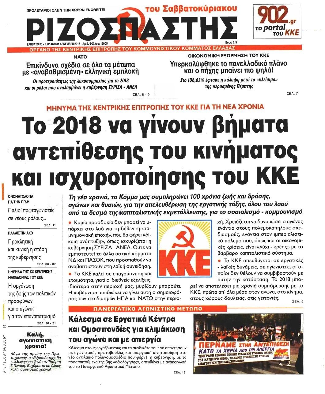 Πρωτοσέλιδο εφημερίδας Ριζοσπάστης