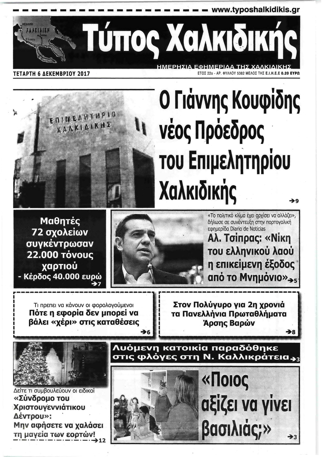 Πρωτοσέλιδο εφημερίδας Τύπος Χαλκιδικής