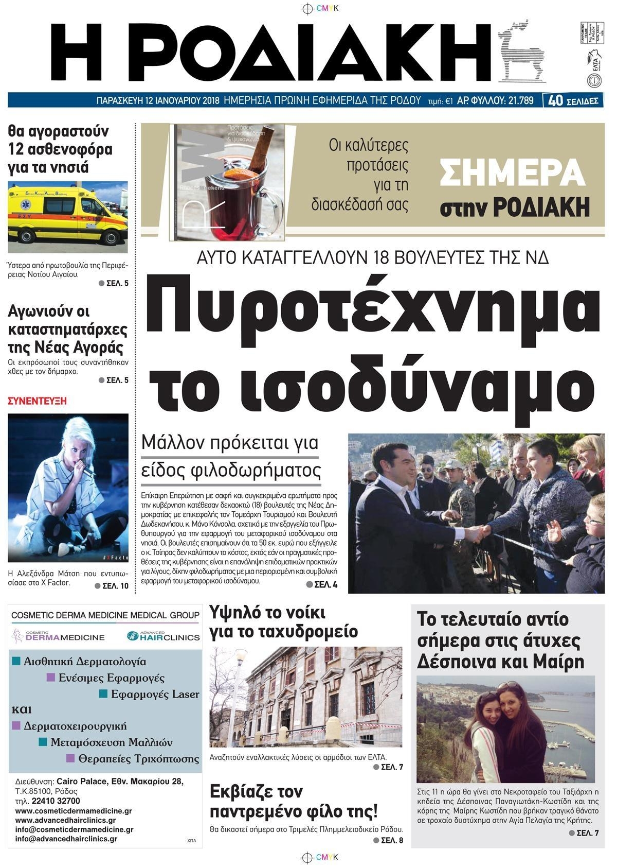 Πρωτοσέλιδο εφημερίδας Ροδιακή