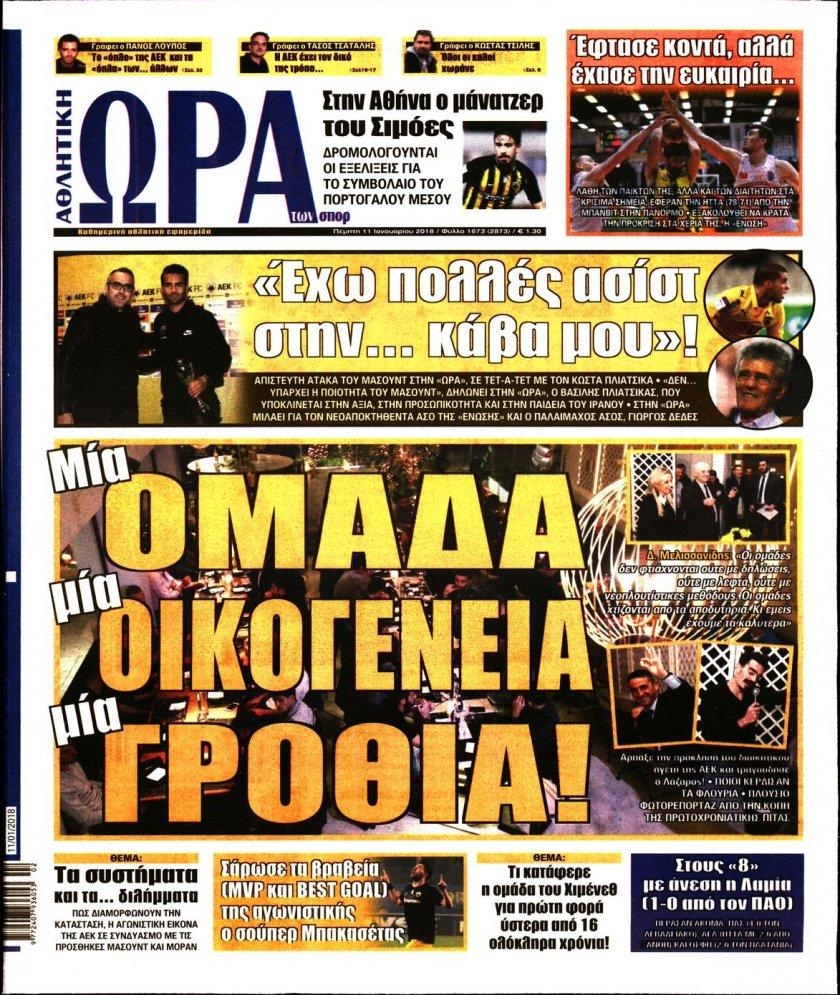 Πρωτοσέλιδο εφημερίδας Η ώρα των Σπορ