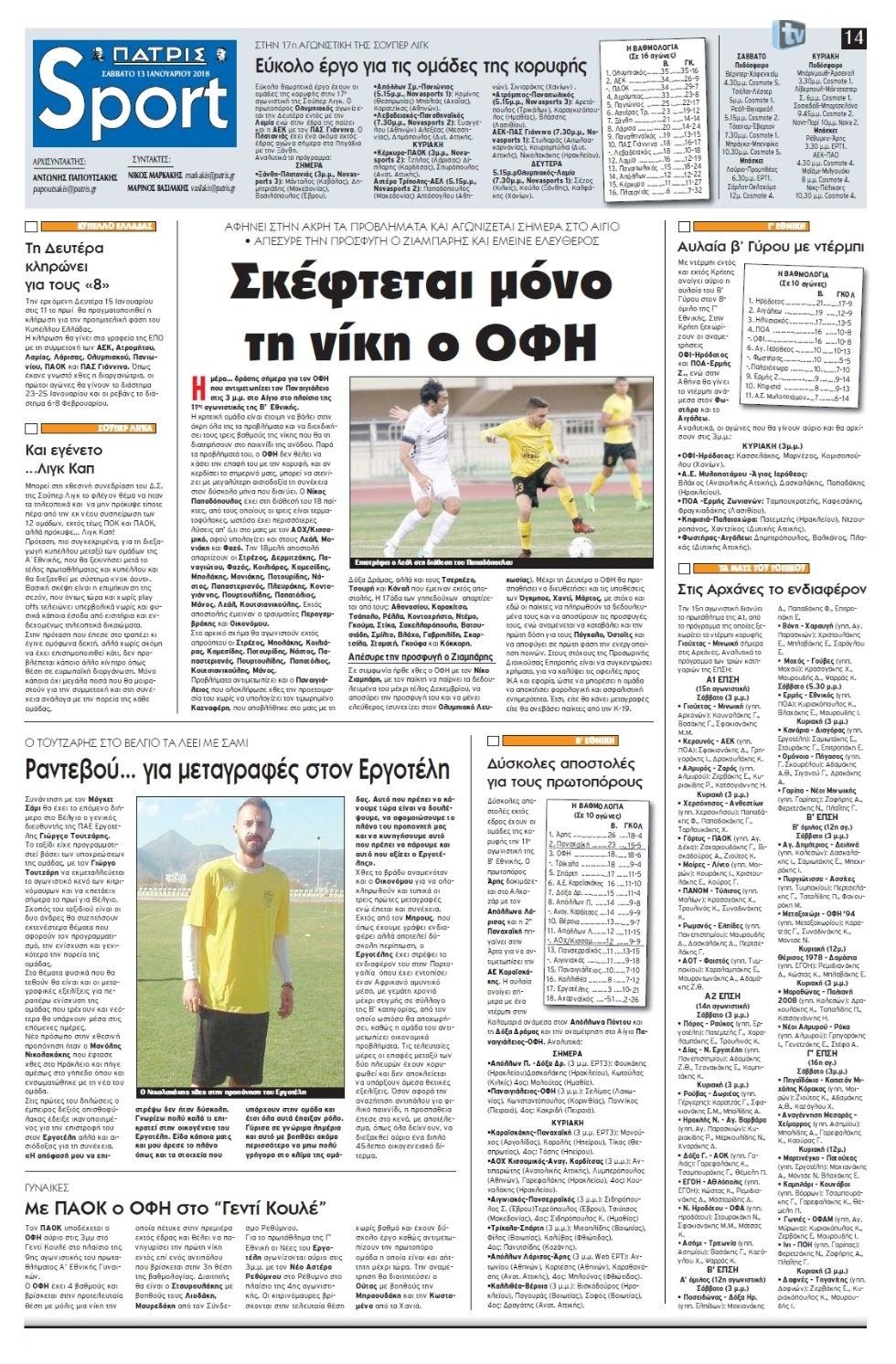 Πρωτοσέλιδο εφημερίδας Πατρίς Σπορ