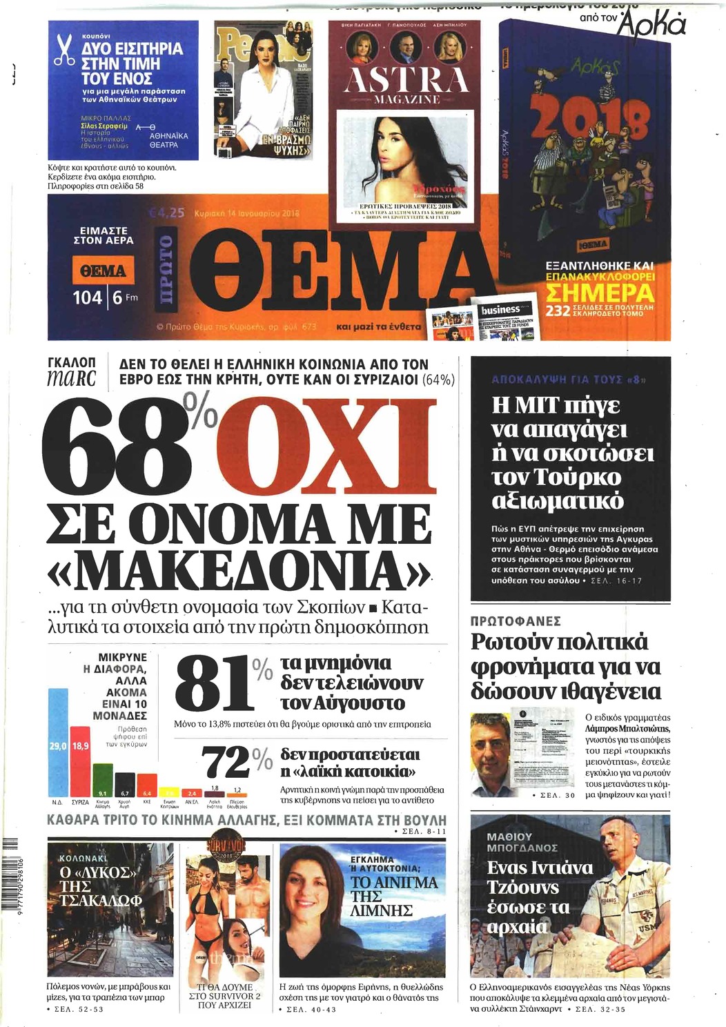 Πρωτοσέλιδο εφημερίδας Πρώτο Θέμα