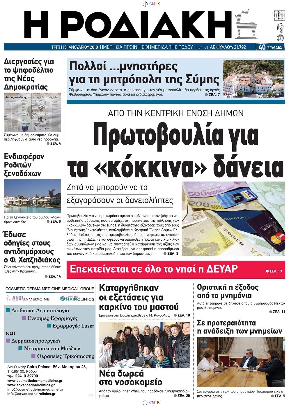 Πρωτοσέλιδο εφημερίδας Ροδιακή