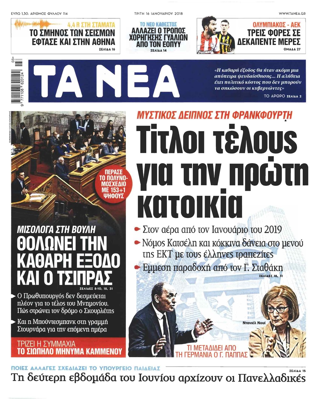 Πρωτοσέλιδο εφημερίδας Τα Νέα