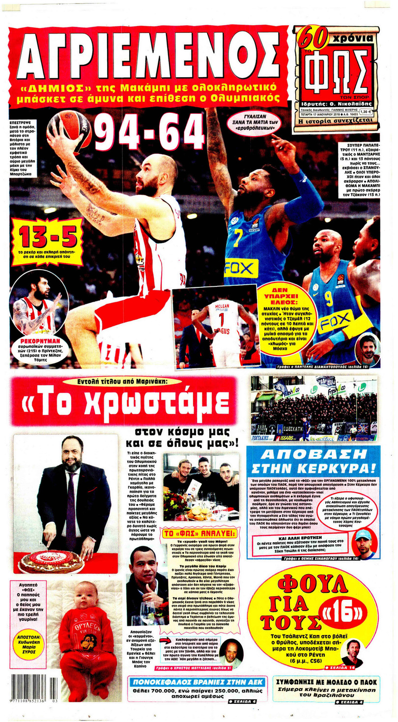 Πρωτοσέλιδο εφημερίδας Φως των σπορ