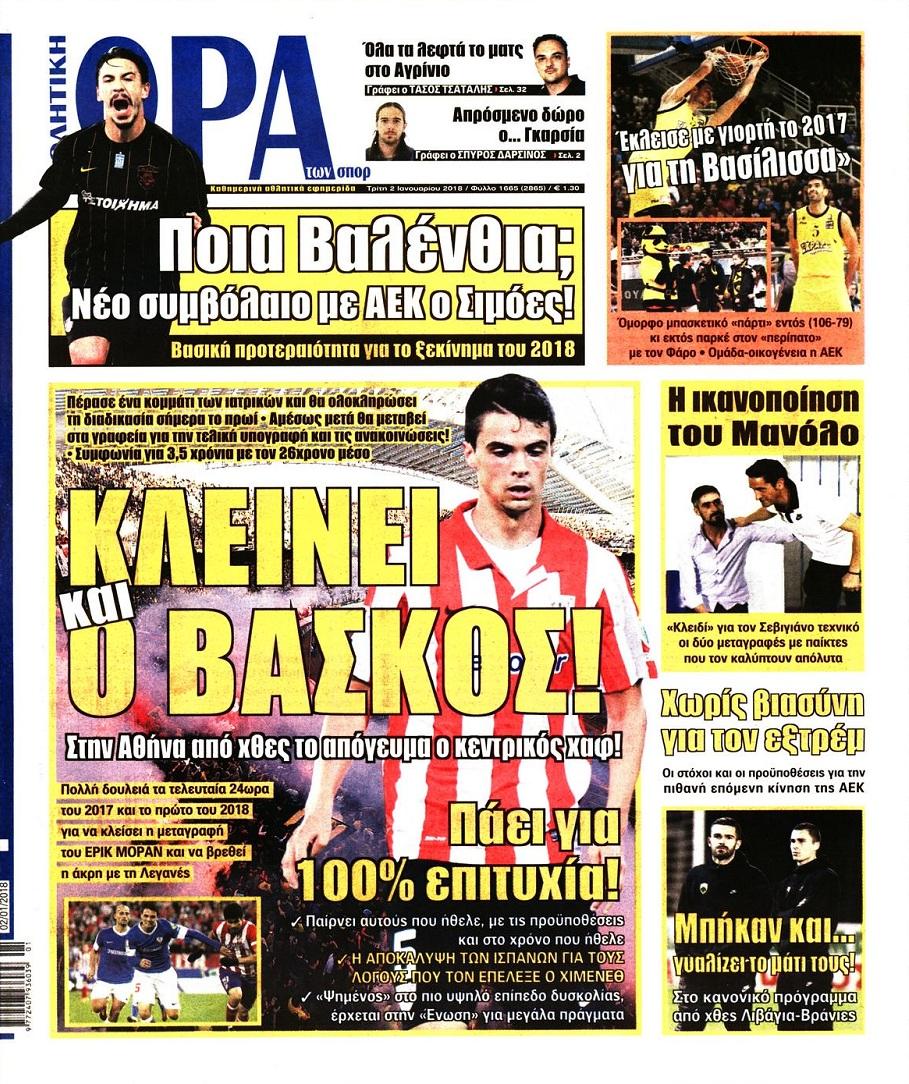 Πρωτοσέλιδο εφημερίδας Η ώρα των Σπορ