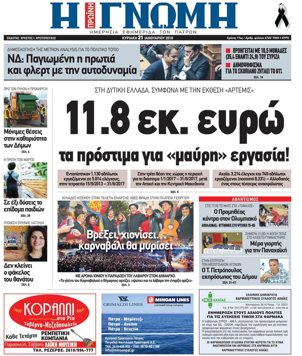 Πρωτοσέλιδο εφημερίδας Γνώμη της Πάτρας