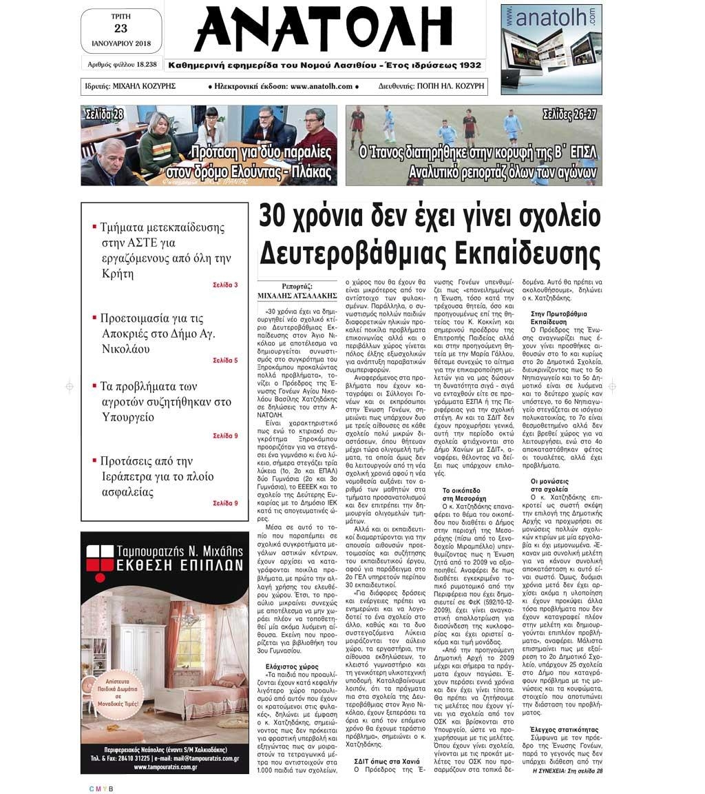 Πρωτοσέλιδο εφημερίδας Ανατολή