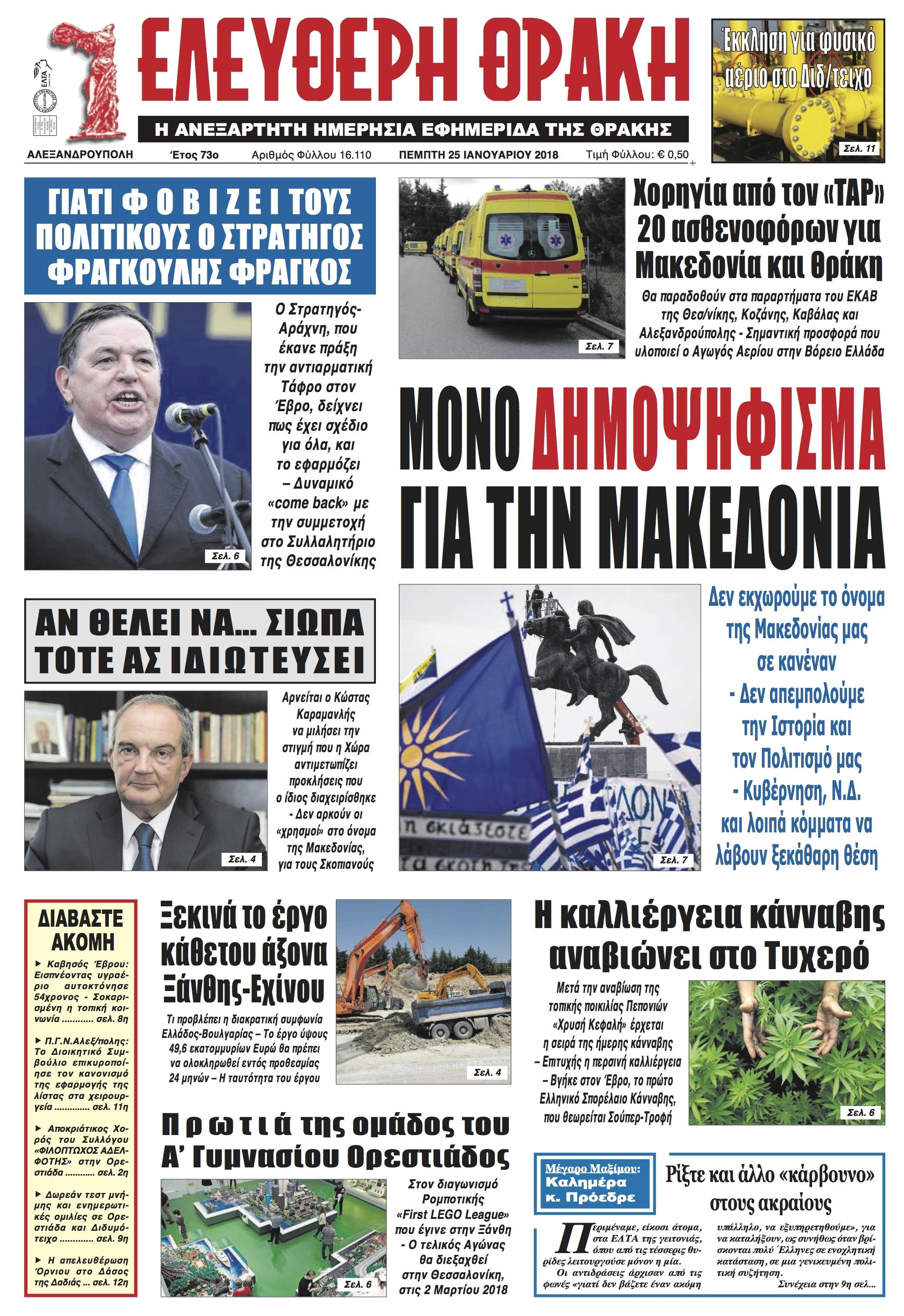 Πρωτοσέλιδο εφημερίδας Ελεύθερη Θράκη