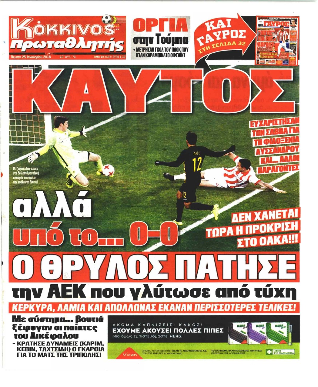 Πρωτοσέλιδο εφημερίδας Κόκκινος Πρωταθλητής