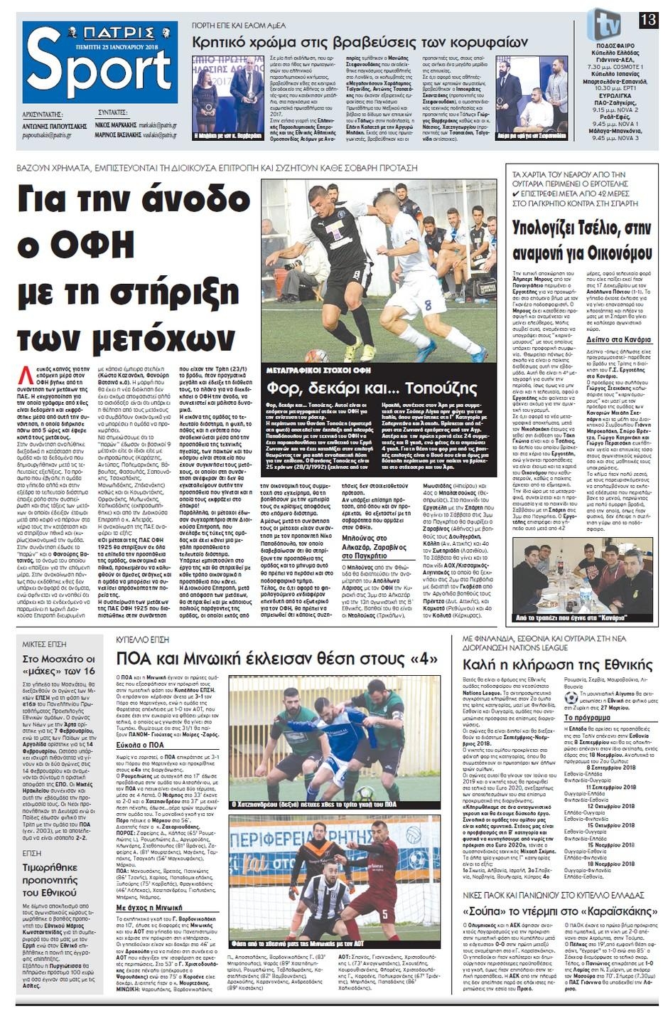 Πρωτοσέλιδο εφημερίδας Πατρίς Σπορ