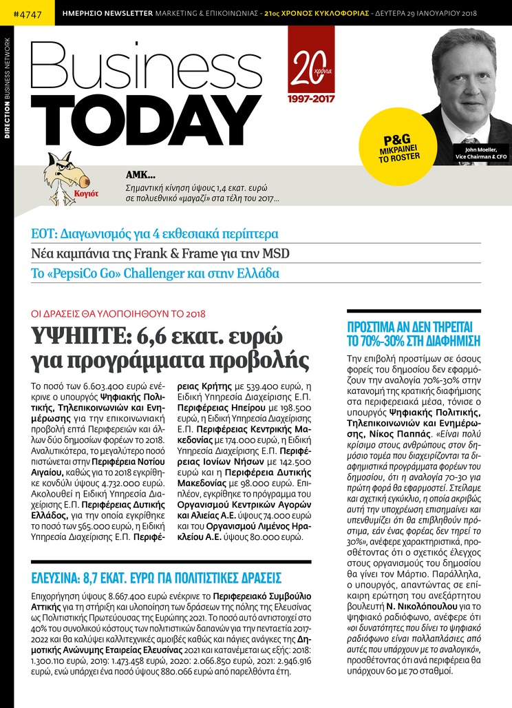 Πρωτοσέλιδο εφημερίδας Business Today