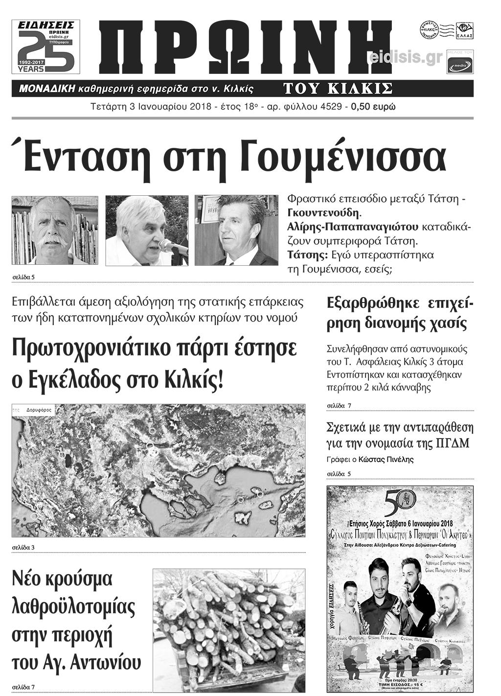 Πρωτοσέλιδο εφημερίδας Πρωινή Κιλκίς